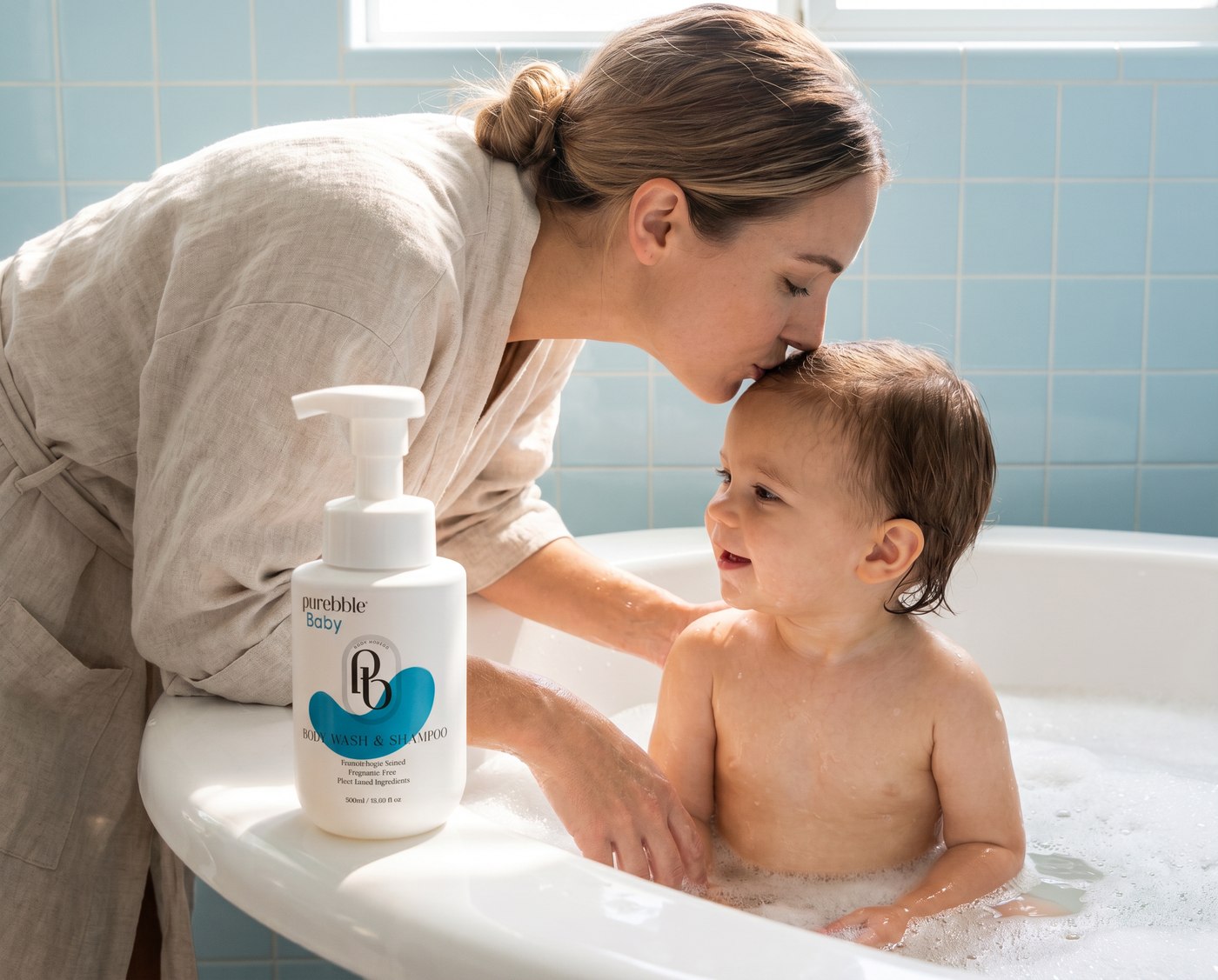 Purebble Baby 바디워시 & 샴푸로 아기를 목욕시키는 부모